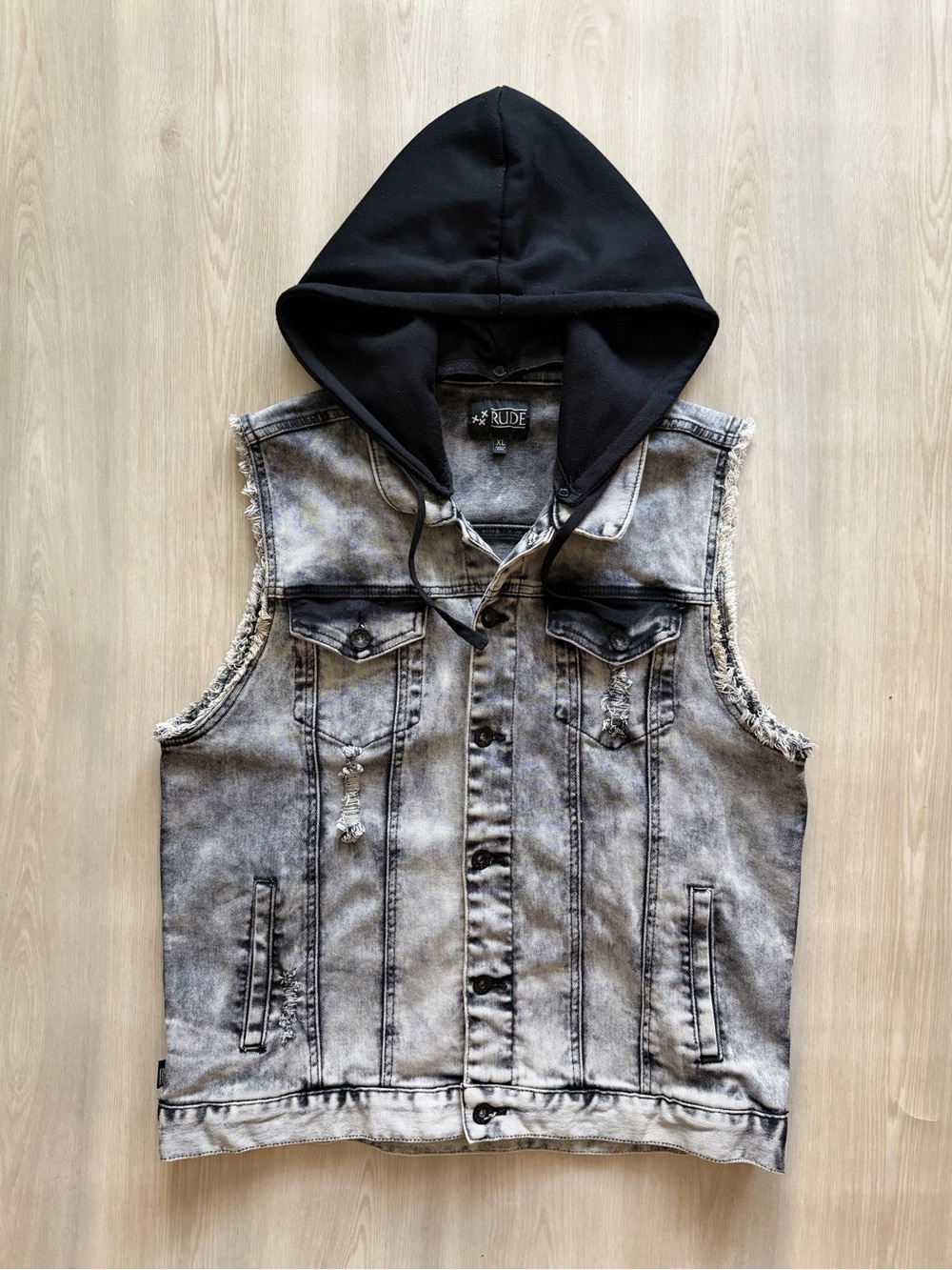 Rude Hooded Gray/ Black Denim Vest Biker Goth Rock Grunge Biker Sz XL
